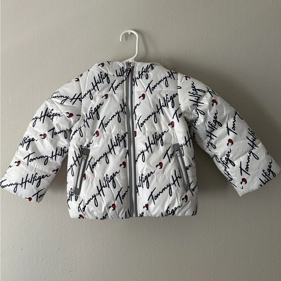 NWT Tommy Hilfiger Coat Sz 5 Jacket Hood Faux Fur Logo White Blue Pocket Lining - Picture 2 of 13